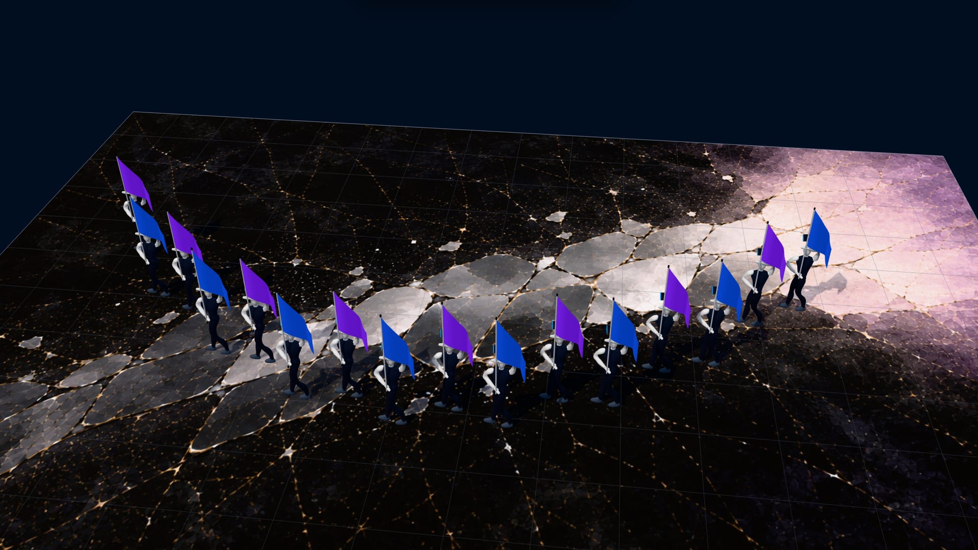 Sixteen colour guard performers carrying purple and blue flags in an arc across a winter guard floor, seen from above in SET's 3D view.