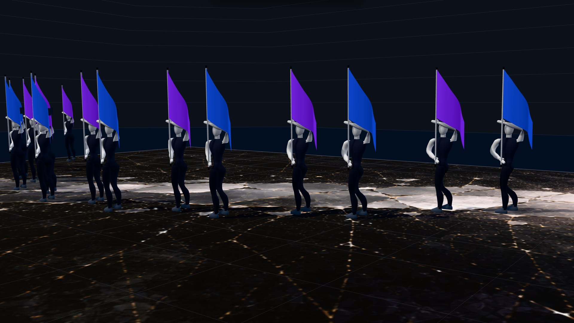 A close, low view of colour guard performers walking with purple and blue flags in SET's 3D view.