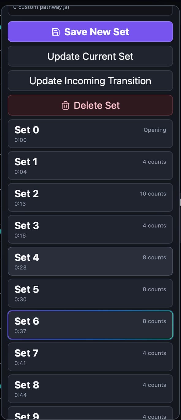 The SET sets panel, listing each set in the show with its count length and timestamp.