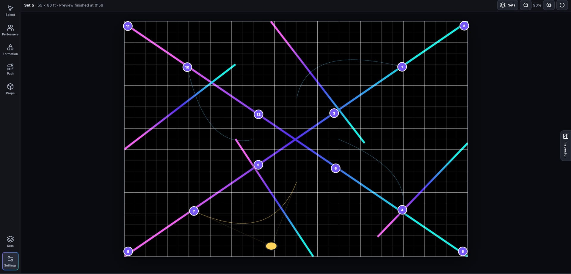 A SET formation in 2D with numbered performers and their pathways drawn across the floor.