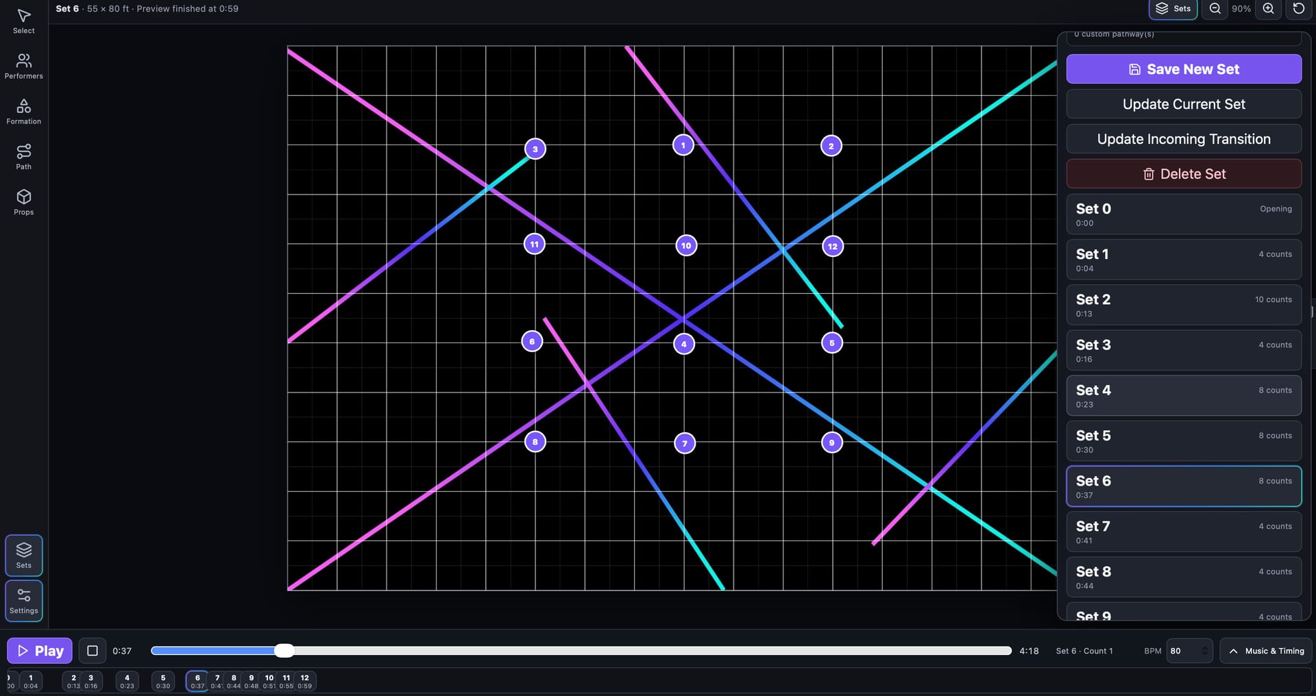 The SET editor in 2D, with the sets panel open beside a formation and its pathways.