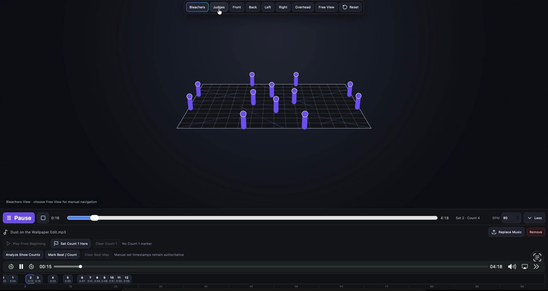 The SET editor in 3D bleachers view, with camera perspective presets across the top of the canvas.