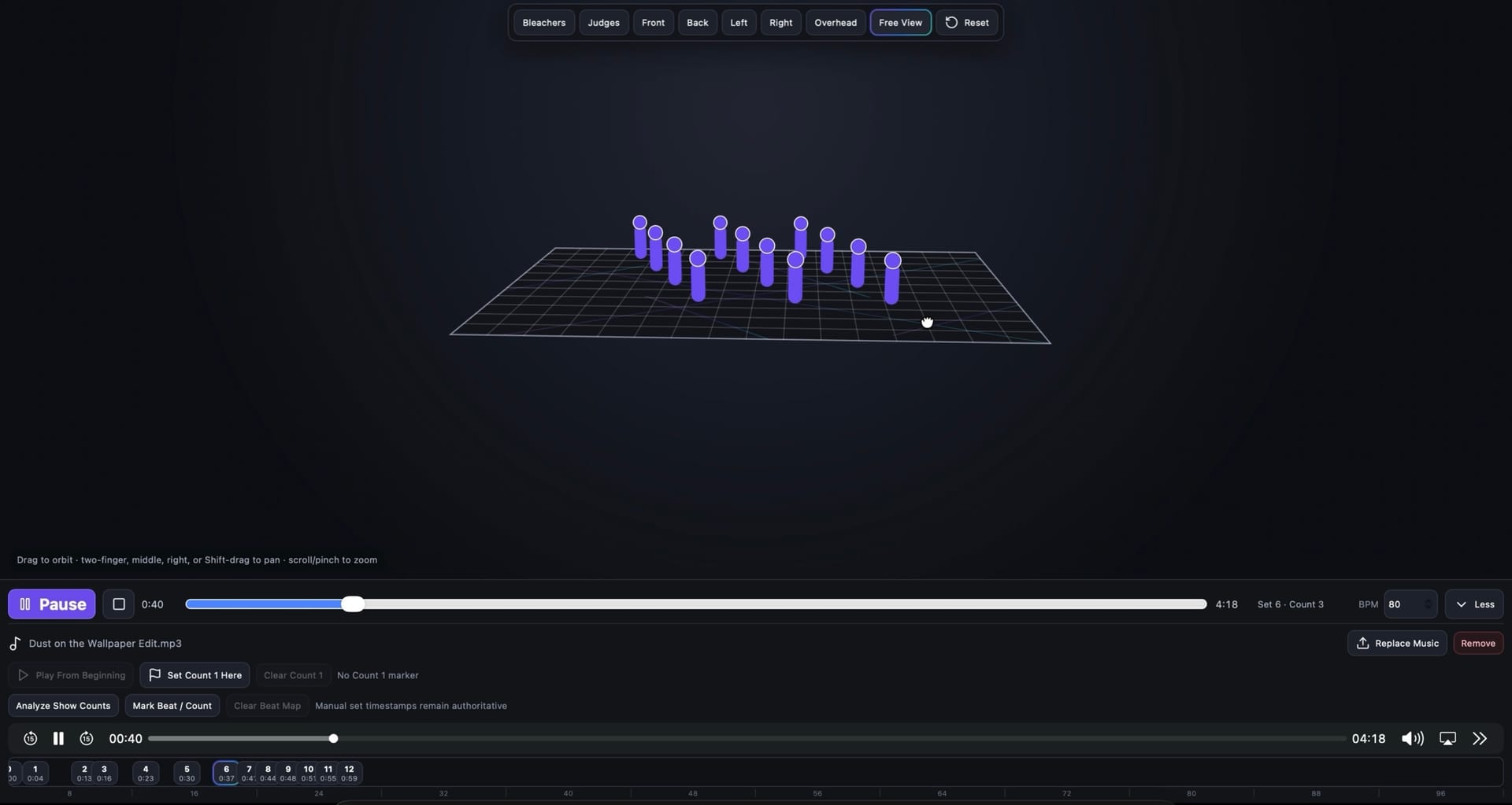 The SET editor in 3D free view, showing performers rendered on the performance floor.