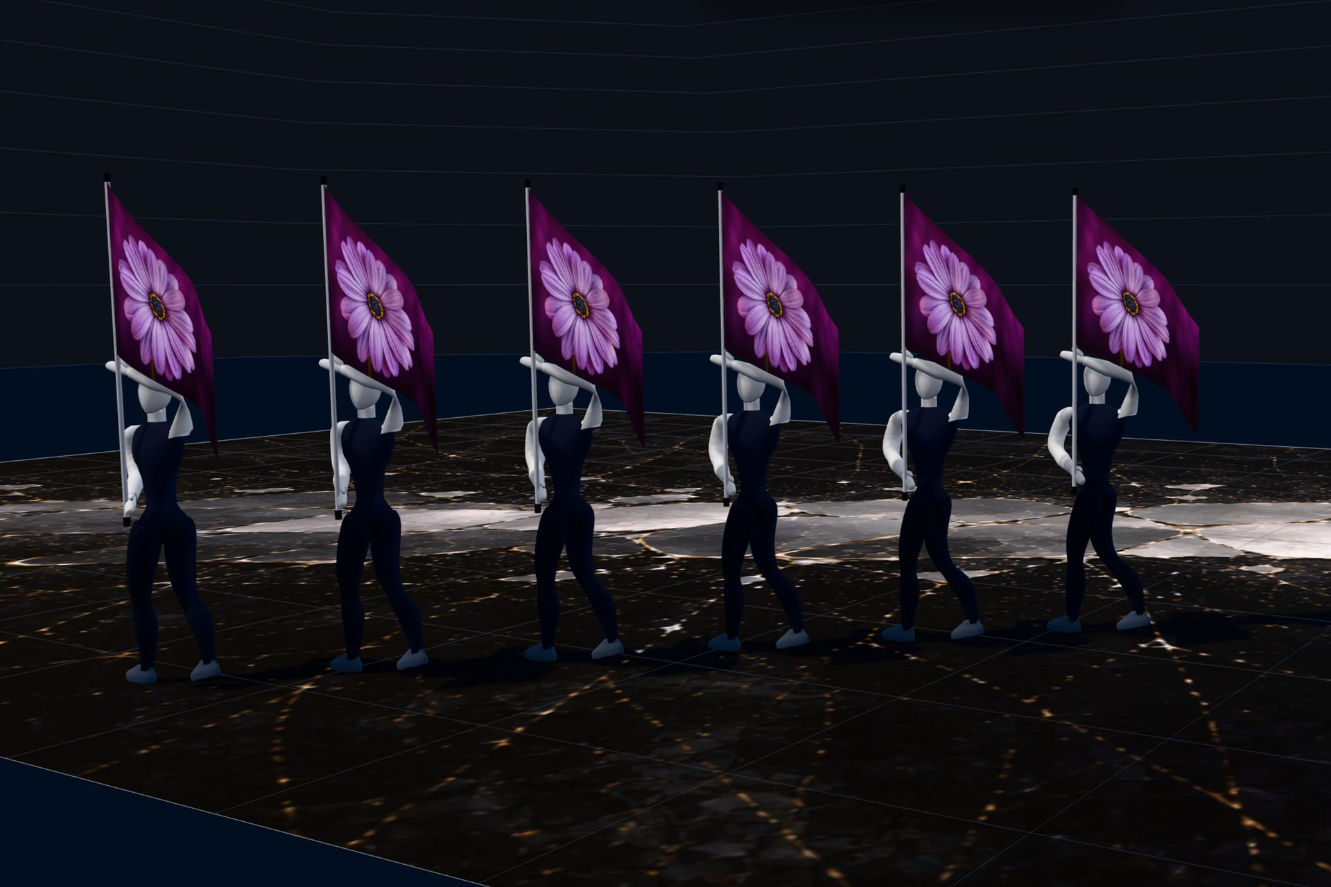 Six performers carrying the Bloom flag in SET's 3D view, the daisy beside the pole on every silk.
